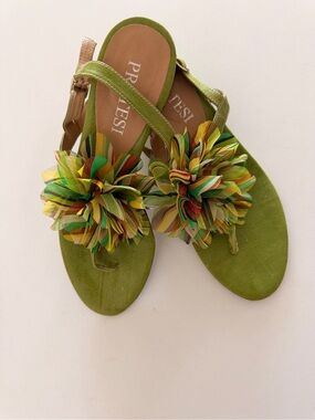 Italian-made Green Sandal Block Heels with Fabric Lace with Leather Sole size 37